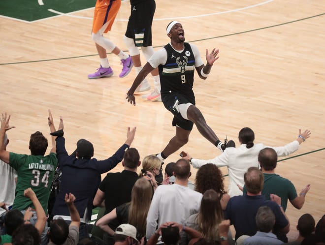 Milwaukee Bucks center Bobby Portis (9) reacts to a call against the Phoenix Suns during Game 6 of the NBA Finals at Fiserv Forum July 20, 2021.