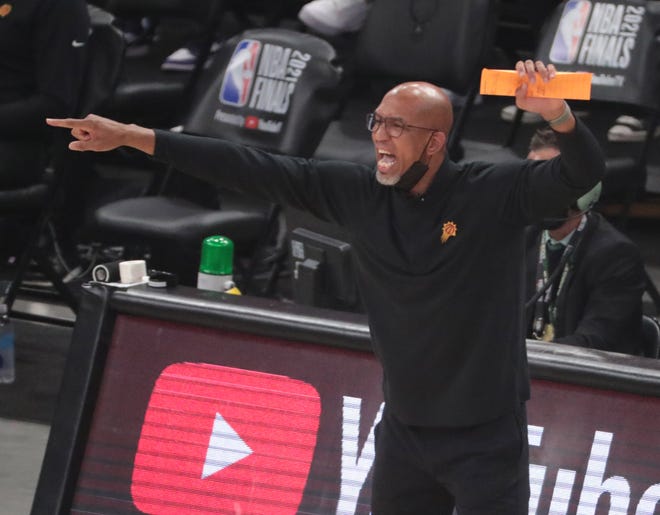 Phoenix Suns head coach Monty Williams directs his team against the Milwaukee Bucks during Game 6 of the NBA Finals at Fiserv Forum July 20, 2021.