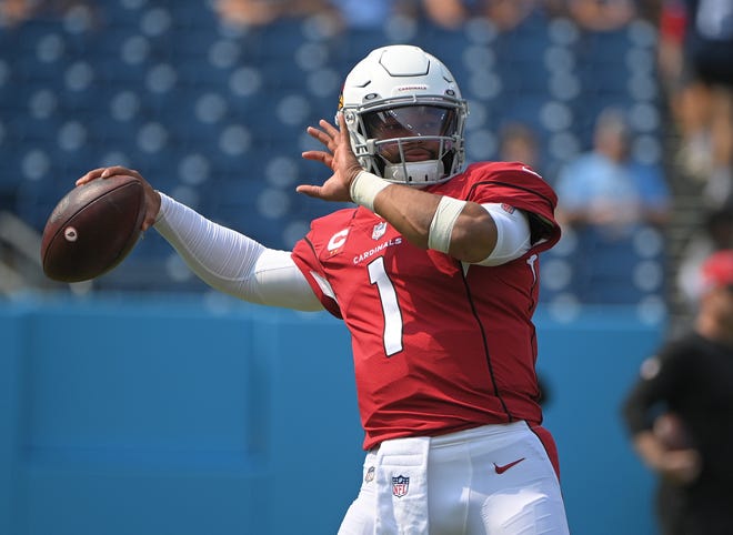 Sep 12, 2021; Nashville, Tennessee, USA;  Arizona Cardinals quarterback Kyler Murray (1) throws a pass during warm up against the Tennessee Titans before the game at Nissan Stadium. Mandatory Credit: Steve Roberts-USA TODAY Sports