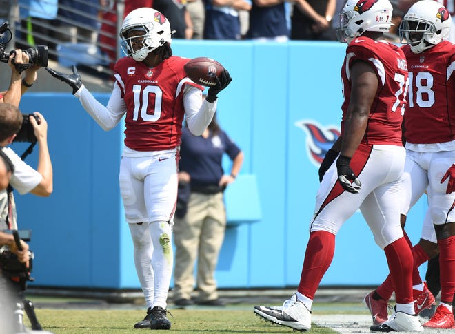 Sep 12, 2021; Nashville, Tennessee, USA; Arizona Cardinals wide receiver DeAndre Hopkins (10) after a touchdown reception during the first half against the Tennessee Titans at Nissan Stadium. Mandatory Credit: Christopher Hanewinckel-USA TODAY Sports
