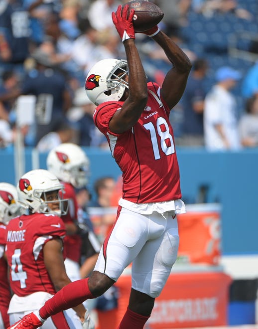 Sep 12, 2021; Nashville, Tennessee, USA;  Arizona Cardinals wide receiver A.J. Green (18) makes a catch before the game at Nissan Stadium. Mandatory Credit: Steve Roberts-USA TODAY Sports