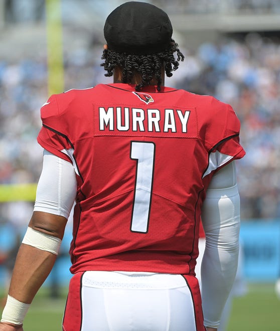 Sep 12, 2021; Nashville, Tennessee, USA;  Arizona Cardinals quarterback Kyler Murray (1) stands during the National Anthem against the Tennessee Titans during the first half at Nissan Stadium. Mandatory Credit: Steve Roberts-USA TODAY Sports