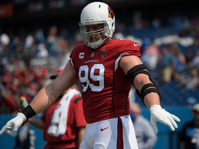 Sep 12, 2021; Nashville, Tennessee, USA;  Arizona Cardinals defensive end J.J. Watt (99) warms up against the Tennessee Titans before the game at Nissan Stadium. Mandatory Credit: Steve Roberts-USA TODAY Sports