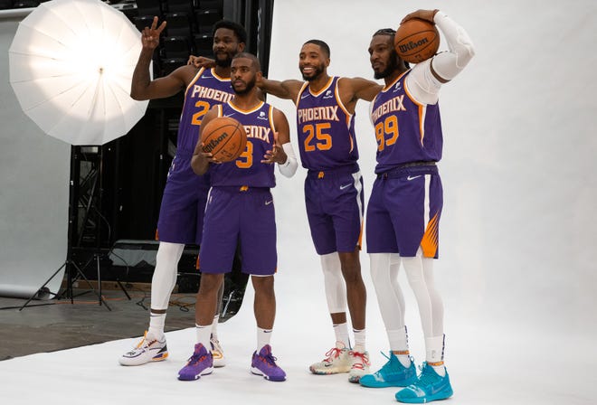From right: Jae Crowder, Mikal Bridges, Chris Paul and Deandre Ayton are photographed, September 27, 2021, during the Phoenix Suns Media Day at Footprint Arena, Phoenix, Arizona.