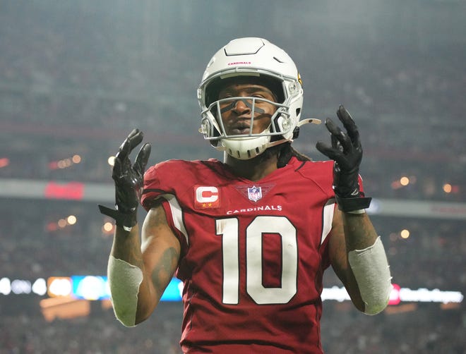 Dec 13, 2021; Glendale, Arizona, USA; Arizona Cardinals wide receiver DeAndre Hopkins (10) reacts after a pass was deflected by the Los Angeles Rams during the second quarter at State Farm Stadium.
