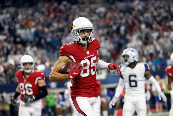 Arizona Cardinals wide receiver Antoine Wesley (85) catches a touchdown pass against the Dallas Cowboys during the first half of an NFL football game Sunday, Jan. 2, 2022, in Arlington, Texas.
