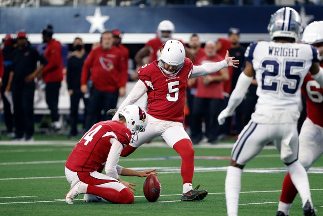 Arizona Cardinals kicker Matt Prater (5) kicks a field goal against the Dallas Cowboys during the first half of an NFL football game Sunday, Jan. 2, 2022, in Arlington, Texas.