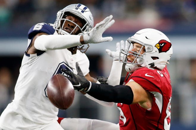 Jan 2, 2022; Arlington, Texas, USA; Dallas Cowboys safety Donovan Wilson (6) commits pass interference against Arizona Cardinals tight end Zach Ertz (86) in the second quarter at AT&T Stadium. Mandatory Credit: Tim Heitman-USA TODAY Sports