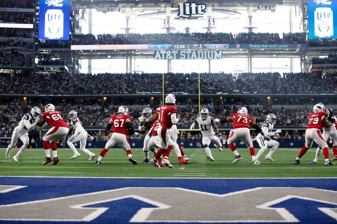 Jan 2, 2022; Arlington, Texas, USA; Arizona Cardinals quarterback Kyler Murray (1) in the pocket in the second quarter against the Dallas Cowboys at AT&T Stadium. Mandatory Credit: Tim Heitman-USA TODAY Sports