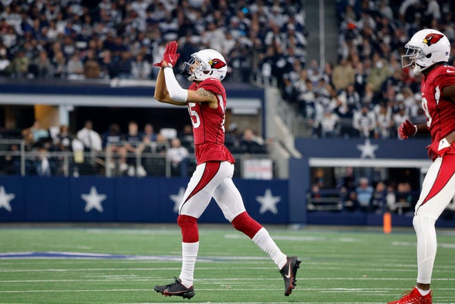 Arizona Cardinals' Antoine Wesley (85) celebrates his touchdown catch against the Dallas Cowboys during the first half of an NFL football game Sunday, Jan. 2, 2022, in Arlington, Texas. (AP Photo/Michael Ainsworth)