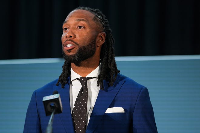 Larry Fitzgerald, former Cardinals wide receiver and executive chairperson of the Arizona Super Bowl host committee, speaks during the official Super Bowl Host Committee hand off press conference at the Los Angeles Convention Center on Monday, Feb. 14, 2022, in Los Angeles.
