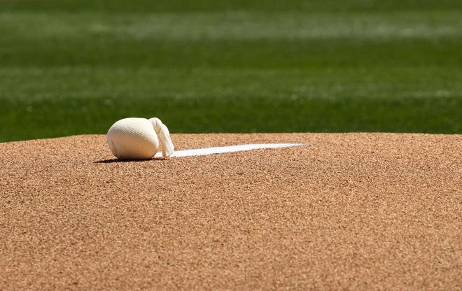 The pitching mound and chalk bag as the Arizona Diamondbacks play the Colorado Rockies during a spring training game at Salt River Fields in Scottsdale on March 18, 2022.