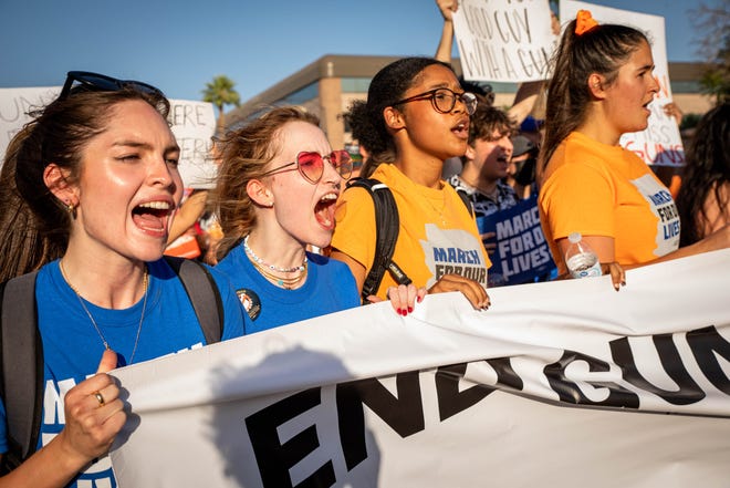 Students leading the March for Our Lives called for stricter gun laws as they marched to the Arizona Capitol on June 11, 2022, in Phoenix as part of a nationwide demonstration in response to recent mass shootings.