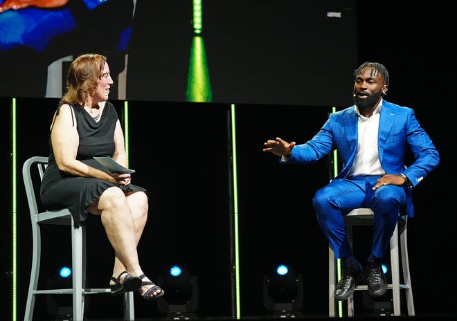 Cardinals running back Eno Benjamin discusses with Republic sports reporter Michelle Gardner his days as a high school star in Texas and his journey through Arizona State to the NFL on Saturday night at the 2022 Arizona Sports Awards show.