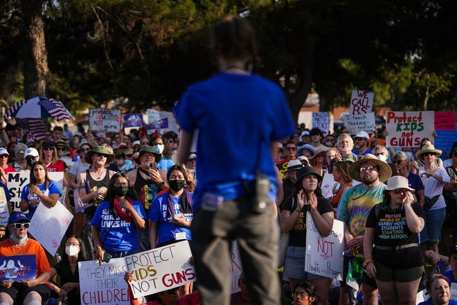 Roughly a thousand people listen to speakers during the annual March for Our Lives protest, a nationwide demonstration in support of gun control legislation, at the Arizona State Capitol on Saturday, June 11, 2022.