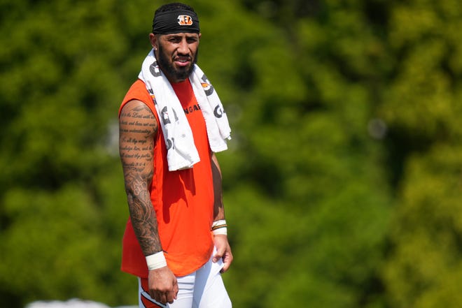 Cincinnati Bengals safety Jessie Bates III (30) looks out onto the field during a joint practice with the Los Angeles Rams, Wednesday, Aug. 24, 2022, at the Paycor Stadium practice fields in Cincinnati.