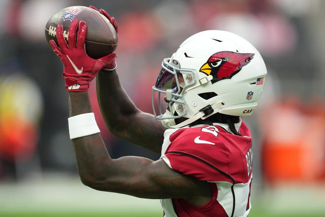 Sep 18, 2022; Paradise, Nevada, USA; Arizona Cardinals wide receiver Marquise Brown (2) warms up before a game against the Las Vegas Raiders at Allegiant Stadium.