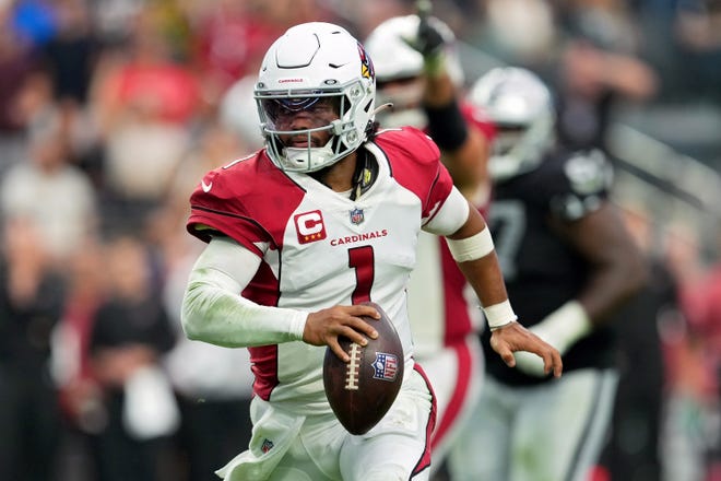 Kyler Murray #1 of the Arizona Cardinals runs the ball for a touchdown in the fourth quarter against the Las Vegas Raiders at Allegiant Stadium on Sept. 18, 2022, in Las Vegas, Nevada.