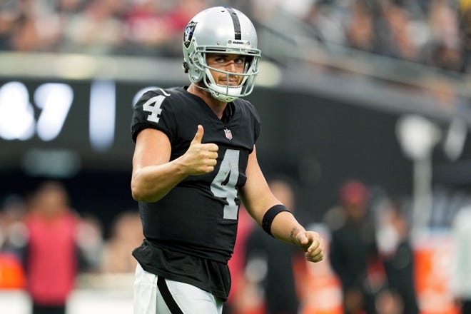 Derek Carr #4 of the Las Vegas Raiders reacts after an incomplete pass in the third quarter against the Arizona Cardinals at Allegiant Stadium on Sept. 18, 2022, in Las Vegas, Nevada.