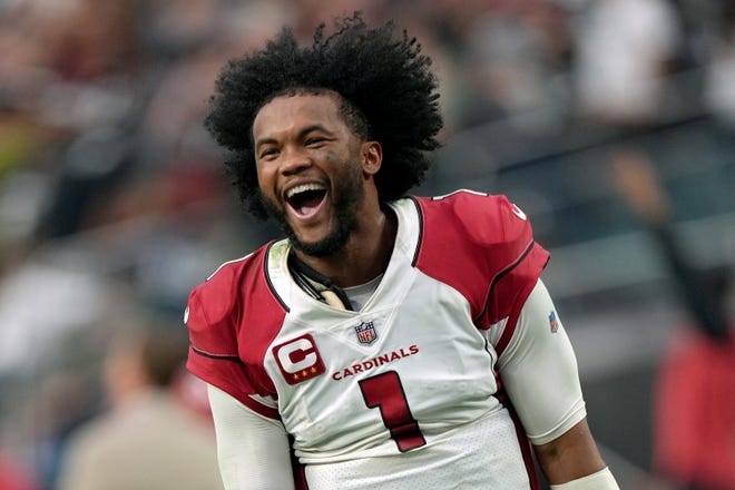 Kyler Murray #1 of the Arizona Cardinals celebrates after the game-winning touchdown in overtime against the Las Vegas Raiders at Allegiant Stadium on Sept. 18, 2022, in Las Vegas, Nevada.