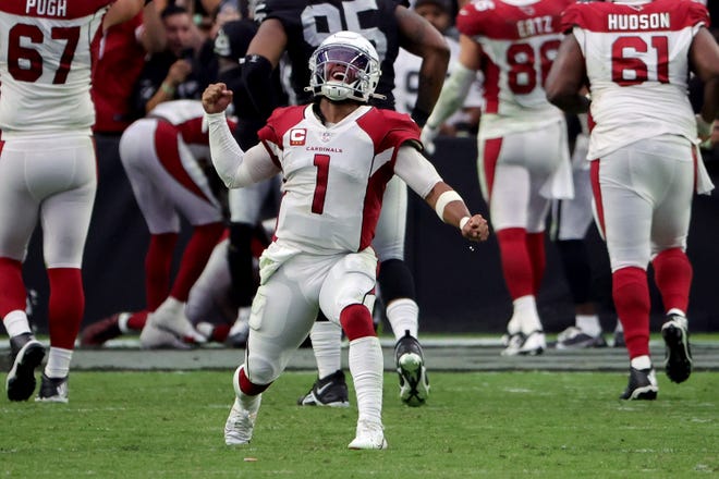 Kyler Murray #1 of the Arizona Cardinals celebrates throwing a two-point conversion with no time left on the clock against the Las Vegas Raiders in the fourth quarter tying the game 23-23 and forcing overtime at Allegiant Stadium on Sept. 18, 2022, in Las Vegas, Nevada.