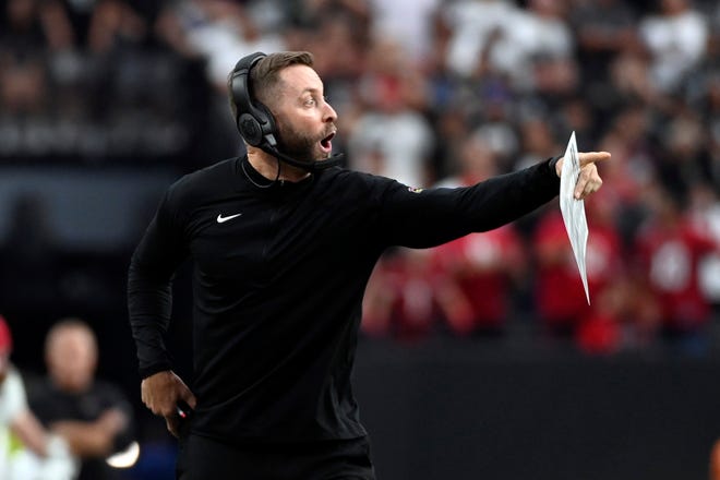 Arizona Cardinals head coach Kliff Kingsbury yells from the sideline during the second half of an NFL football game against the Las Vegas Raiders Sunday, Sept. 18, 2022, in Las Vegas.