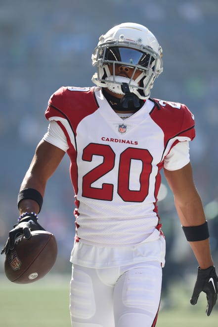 Marco Wilson #20 of the Arizona Cardinals looks on prior to the game against the Seattle Seahawks at Lumen Field on October 16, 2022, in Seattle, Washington.