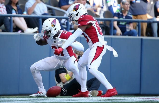 Chris Banjo #31 of the Arizona Cardinals celebrates a fumble recovery for a touchdown against the Seattle Seahawks during the third quarter at Lumen Field on October 16, 2022, in Seattle, Washington.