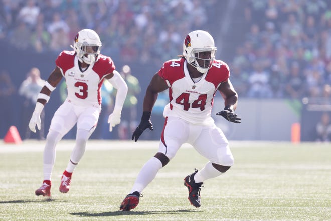 Markus Golden #44 of the Arizona Cardinals plays against the Seattle Seahawks during the first half at Lumen Field on October 16, 2022, in Seattle, Washington.