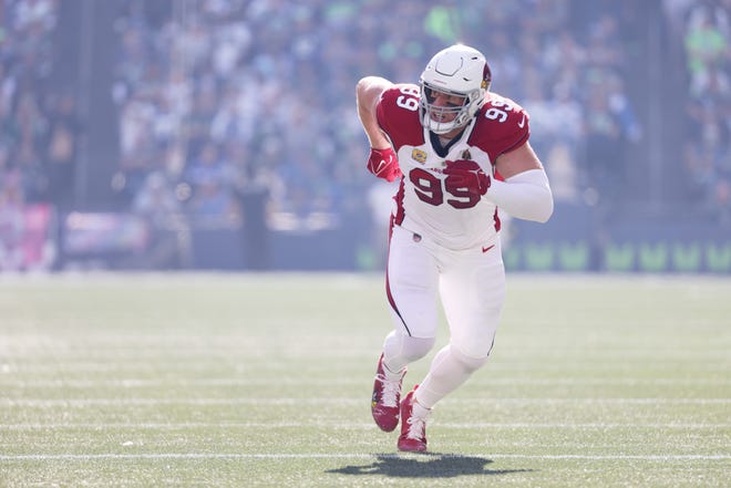 J.J. Watt #99 of the Arizona Cardinals plays against the Seattle Seahawks during the first half at Lumen Field on October 16, 2022, in Seattle, Washington.