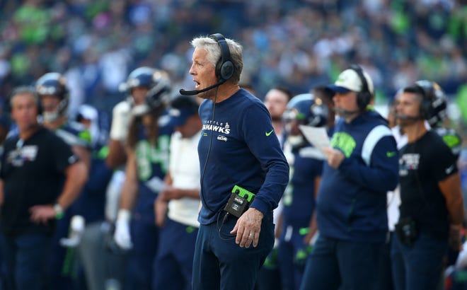 Head coach Pete Carroll of the Seattle Seahawks reacts against the Arizona Cardinals during the first half at Lumen Field on October 16, 2022, in Seattle, Washington.