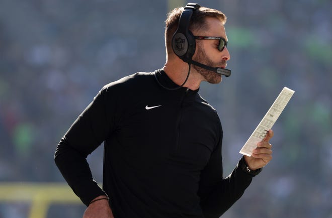 Head coach Kliff Kingsbury of the Arizona Cardinals looks on against the Seattle Seahawks during the first half at Lumen Field on October 16, 2022, in Seattle, Washington.