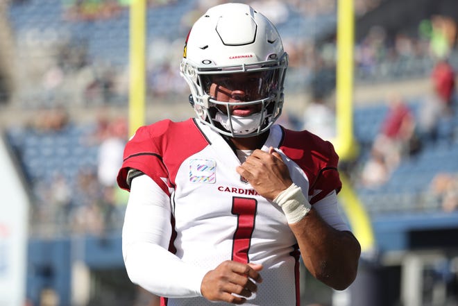 Kyler Murray #1 of the Arizona Cardinals looks on prior to the game against the Seattle Seahawks at Lumen Field on October 16, 2022, in Seattle, Washington.