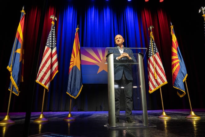 Sen. Mark Kelly, D-Ariz., speaks during an Election Day rally at the Rialto Theatre in Tucson on Nov. 8, 2022.